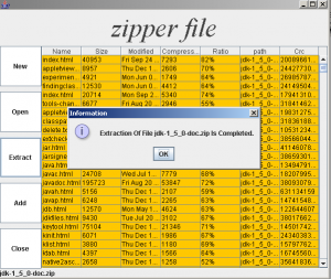 Opening screen & dialog box of Zipper Extraction file Utility