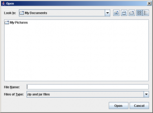 Opening screen of Zipper Open Dialog box Utility